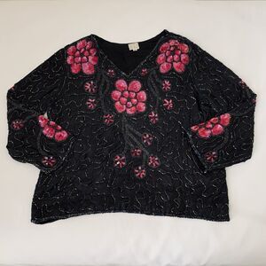 Vintage Beaded Top‎ Sz XL 100% Silk Black Pink Sequin Floral Fairy Dark Romantic